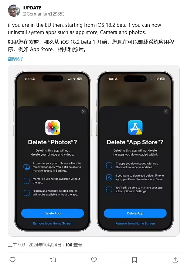 屯城镇苹果手机维修分享iOS 18.2 支持删除 App Store 应用商店 