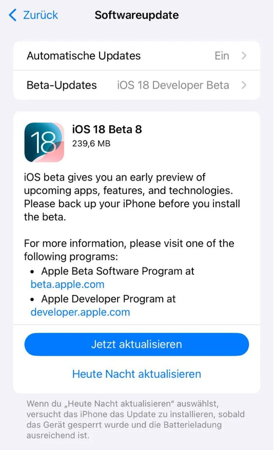 屯城镇苹果手机维修分享苹果 iOS / iPadOS 18 开发者预览版 Beta 8 发布 